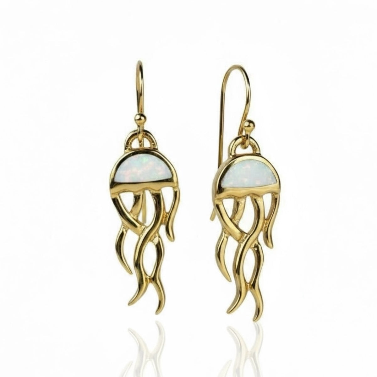 Created Opal Earrings- Jellyfish - 18K Gold Plated - White -