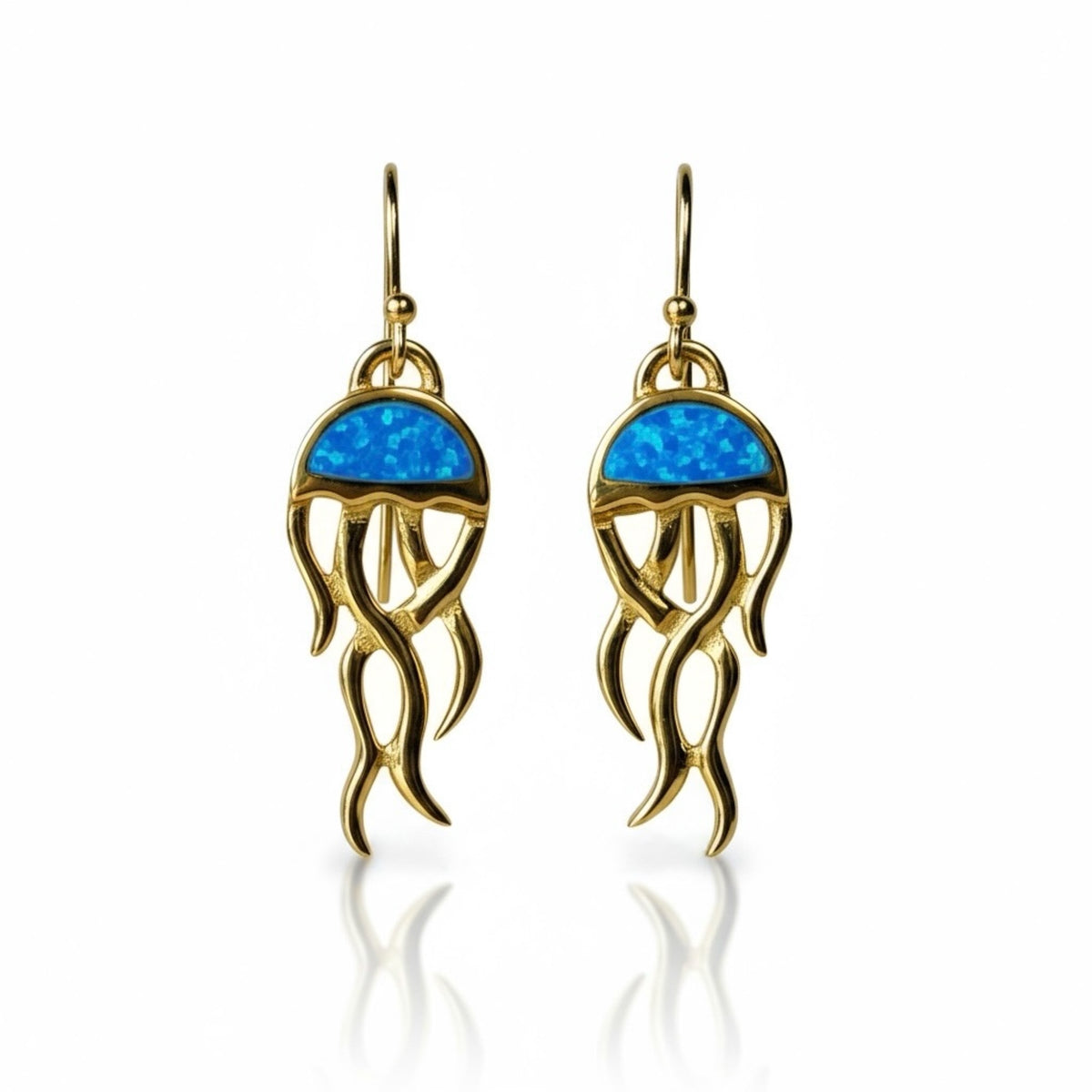 Created Opal Earrings- Jellyfish - 18K Gold Plated - Blue -