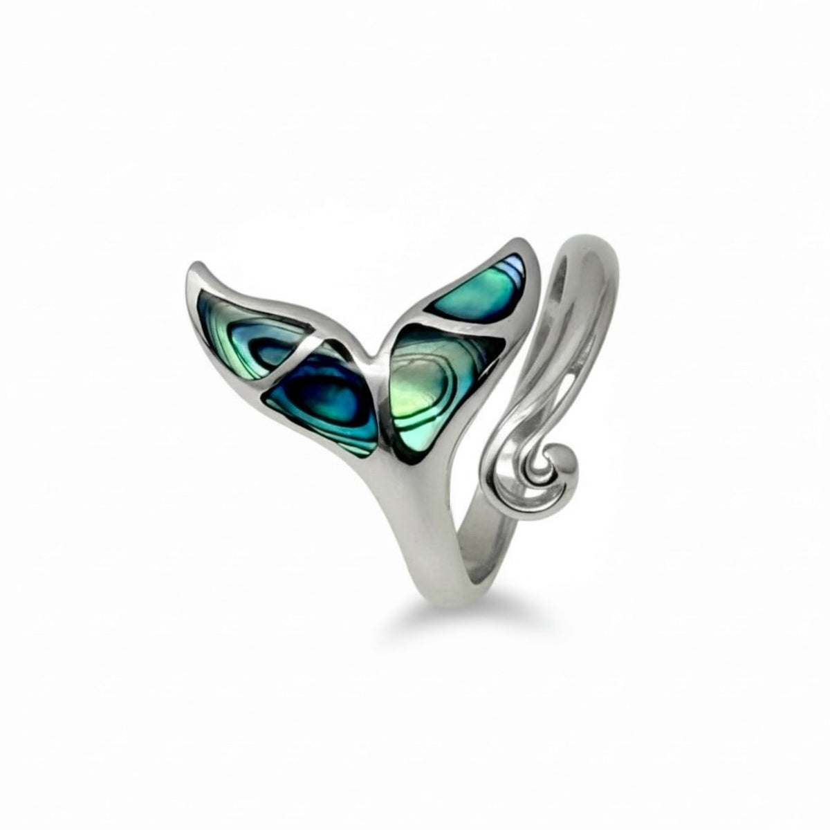 Paua Shell - Whale Tail Ring - Sterling Silver Size 8 (Adjustable)
