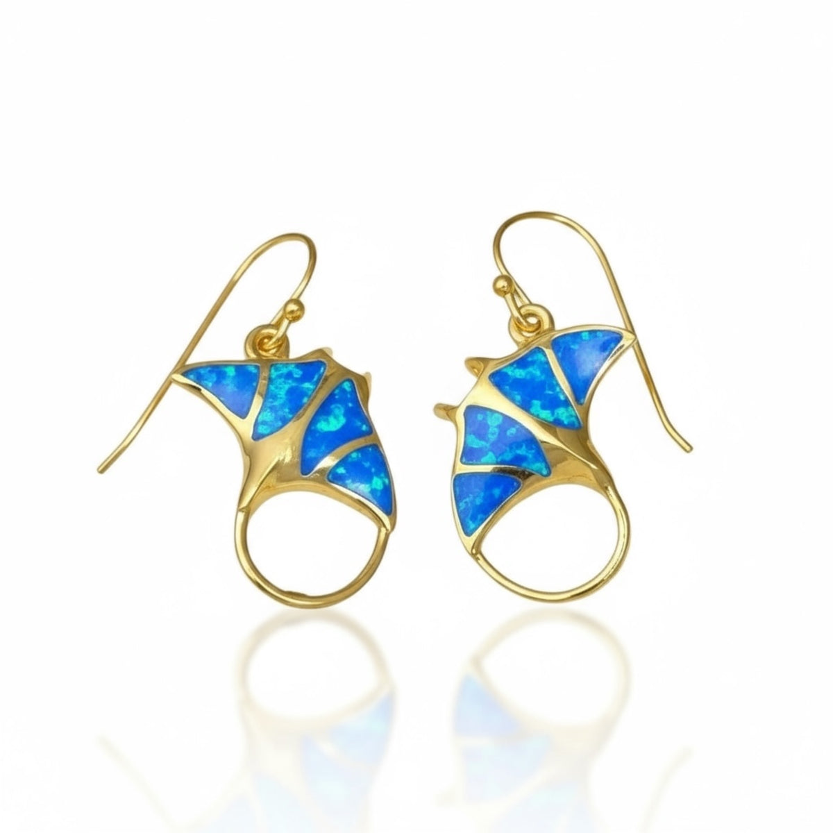 Created Opal Earrings- Manta ray - 18K Gold Plated - Blue -