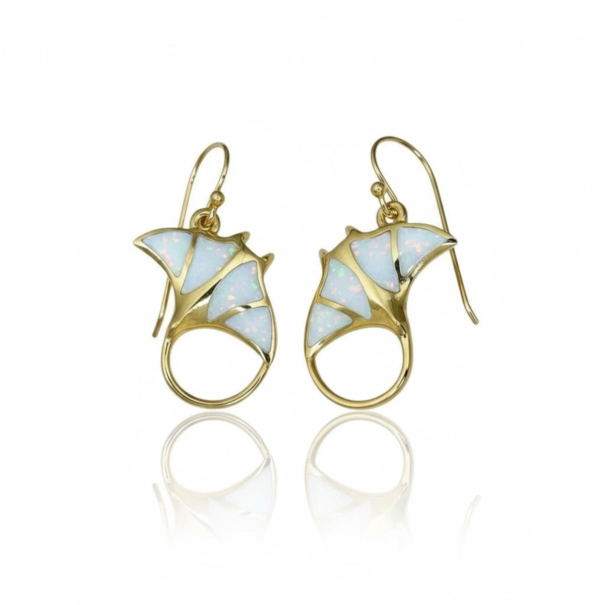 Created Opal Earrings- Manta ray - 18K Gold Plated - White -