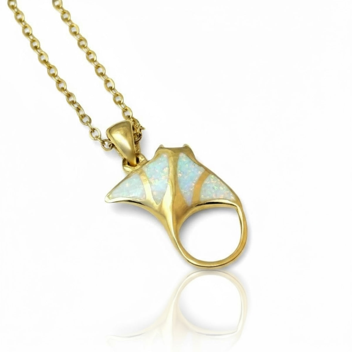 Created Opal Necklace - Manta Ray - S - 18K  Gold Plated - White -