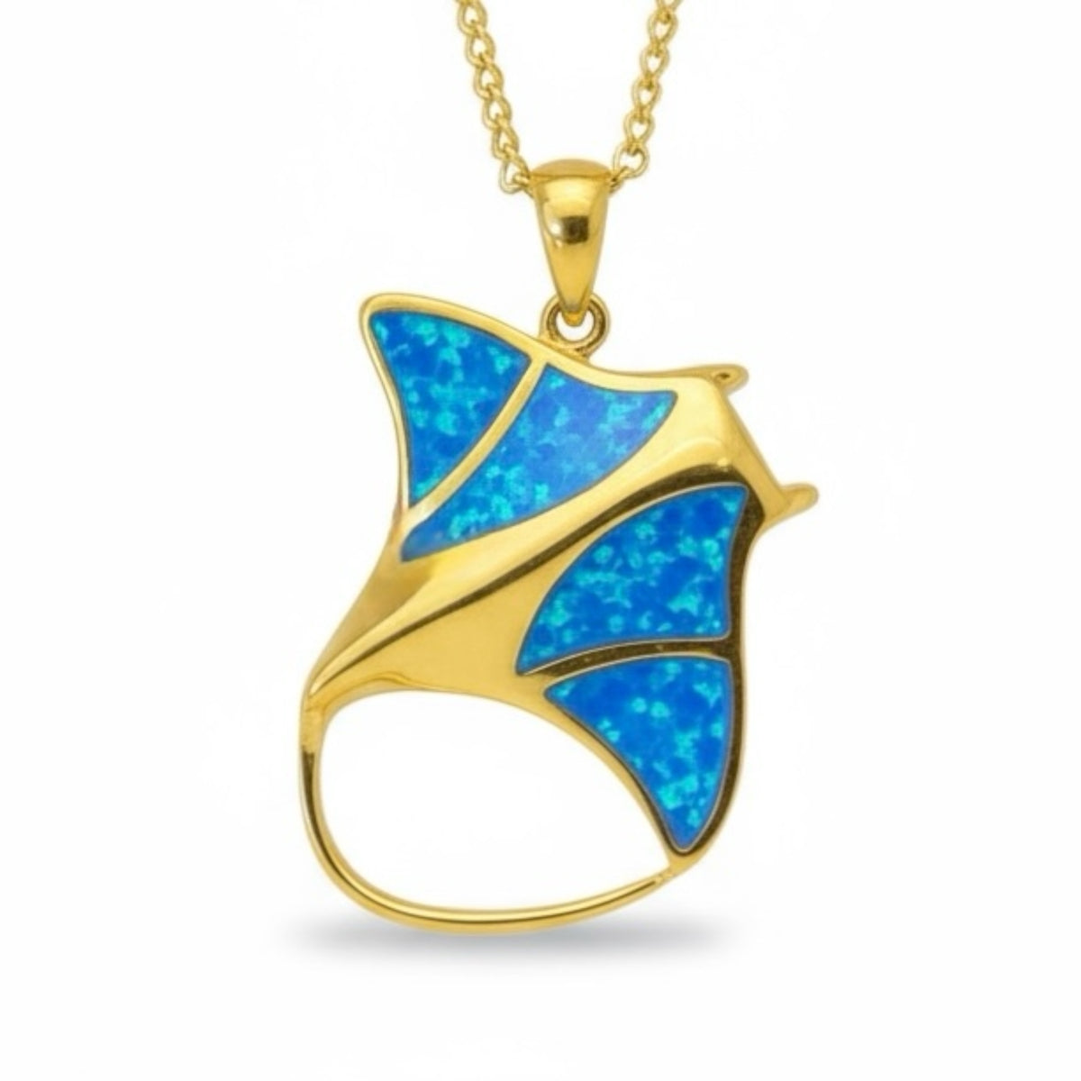 Created Opal Necklace - Manta Ray - L - 18K  Gold Plated - Blue -