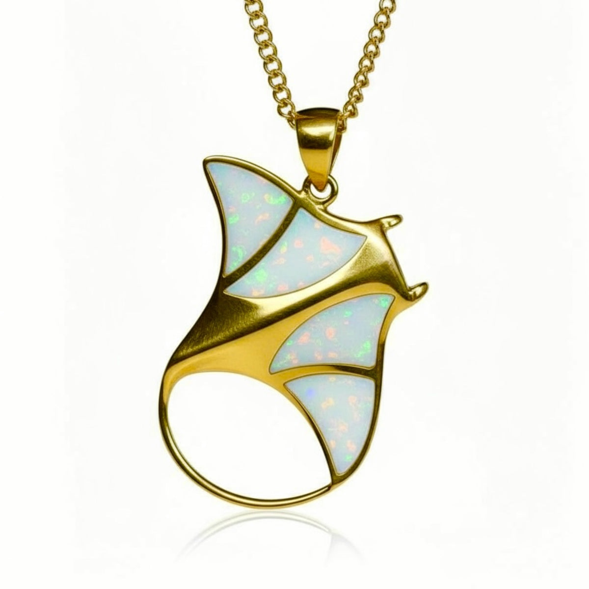 Created Opal Necklace - Manta Ray - L - 18K Gold Plated - White -
