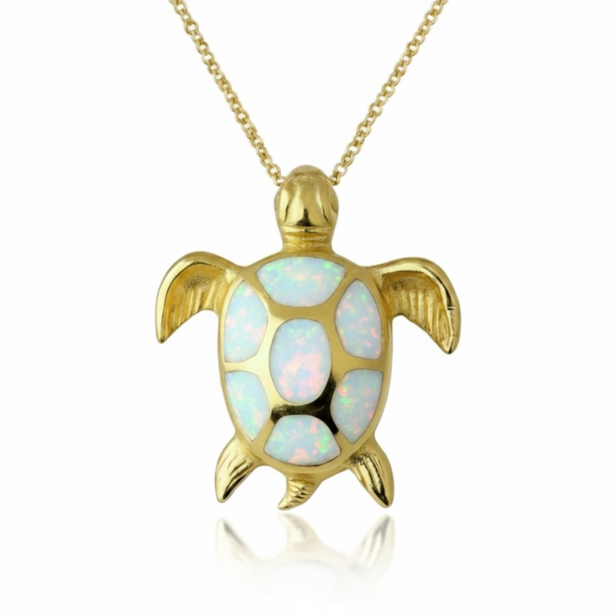 Created Opal Necklace - Turtle - L - 18K Gold Plated - White -