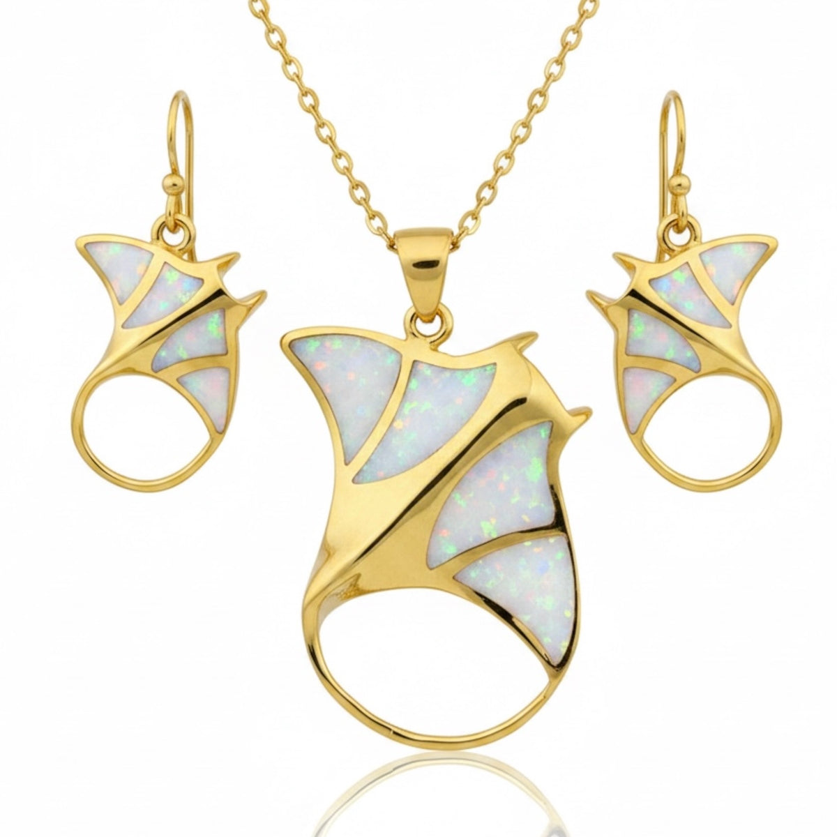 Created Opal Necklace & Earrings Set - Manta Ray L - 18K Gold Plated - White -