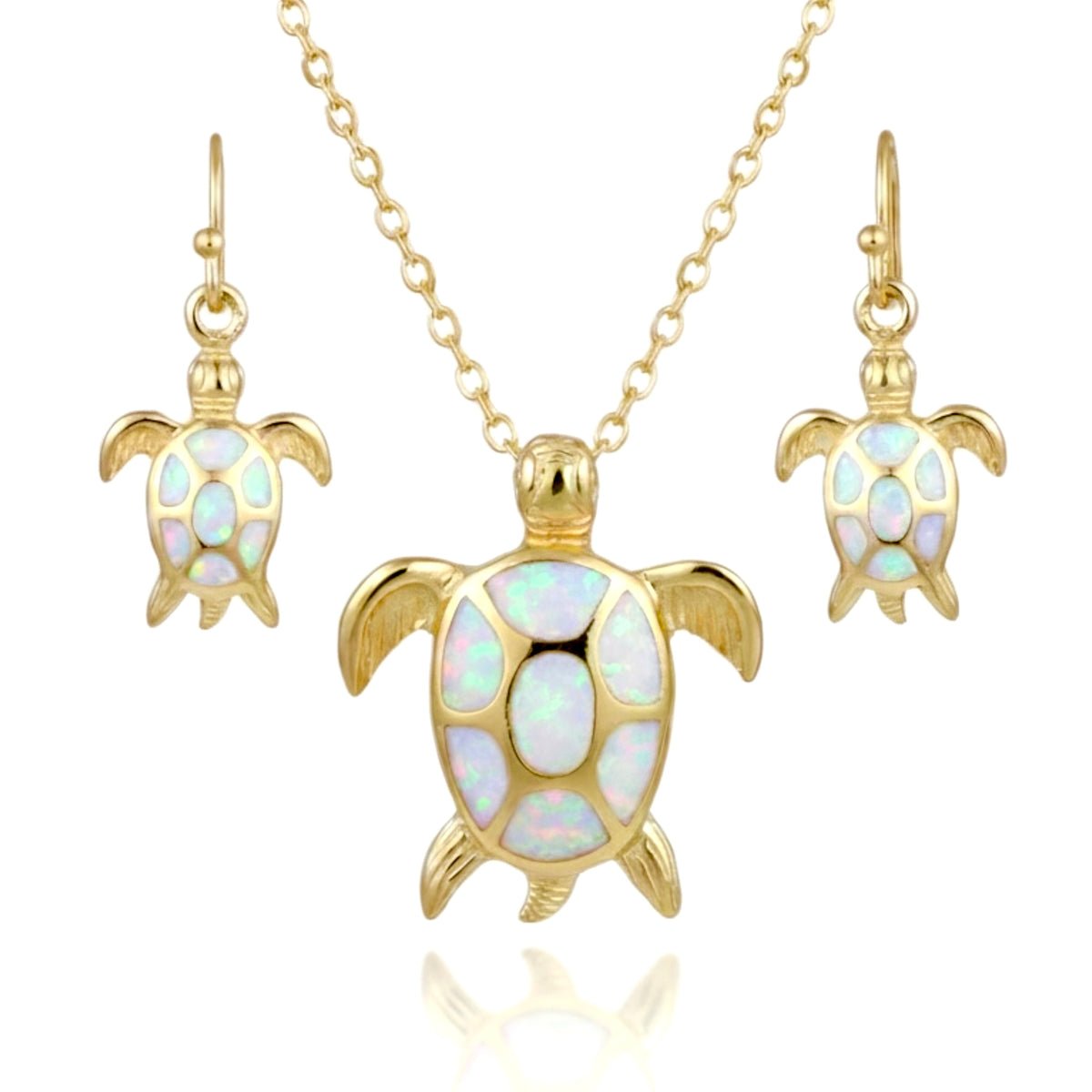 Created Opal Necklace & Earrings Set - Turtle L - 18K Gold Plated - White -