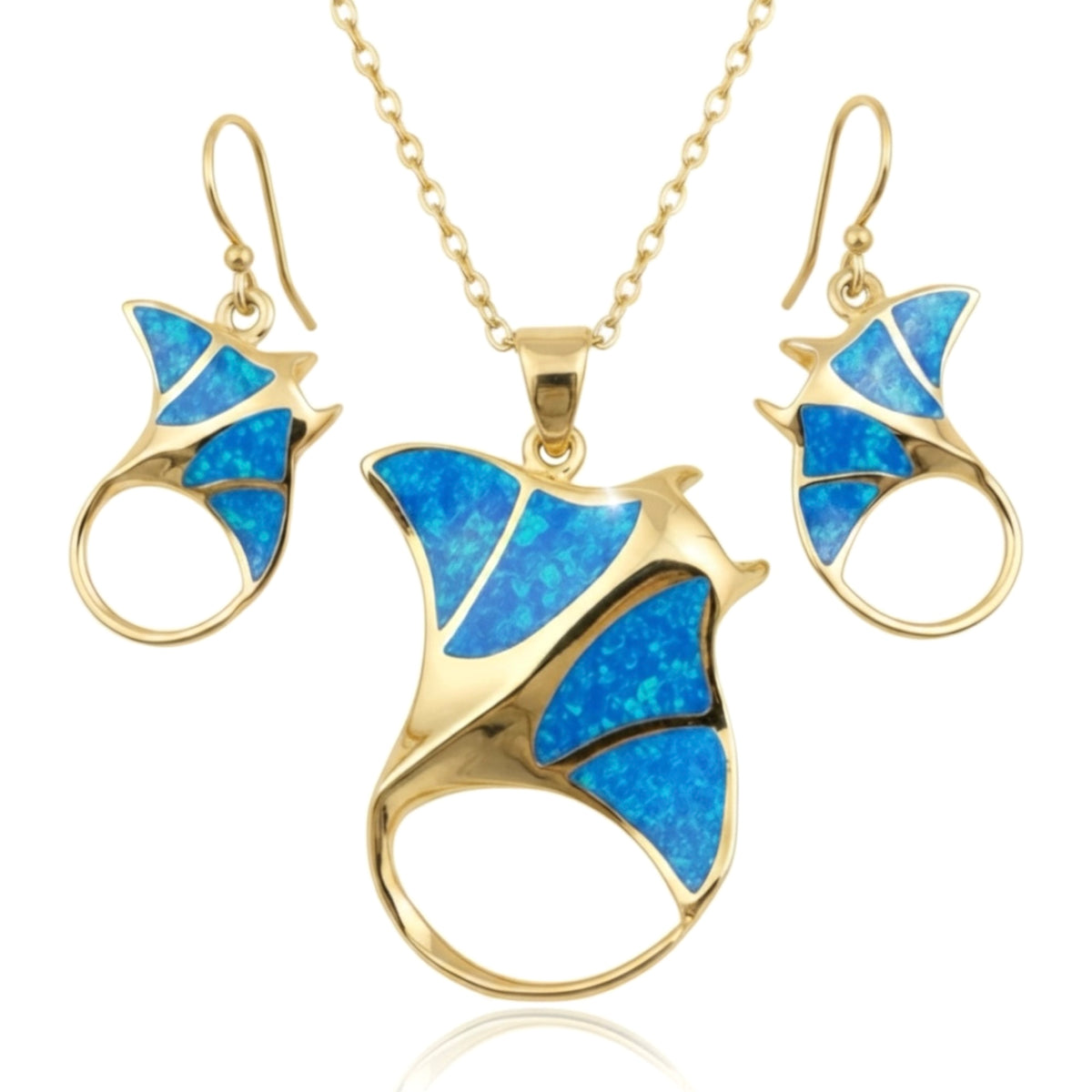Created Opal Necklace & Earrings Set - Manta Ray L - 18K Gold Plated - Blue -
