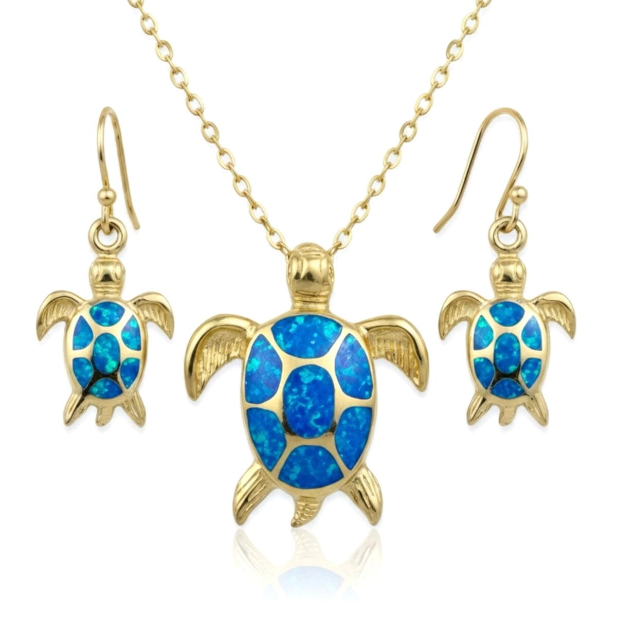 Created Opal Necklace & Earrings Set - Turtle L - 18K Gold Plated - Blue -